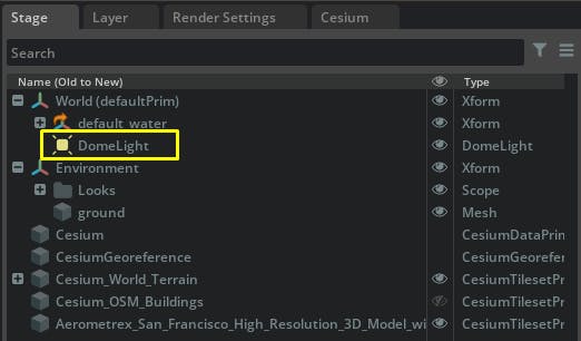 Cesium for Omniverse Dynamic Skies and Sun Study tutorial: From the Stage panel, select the existing DomeLight and delete it.